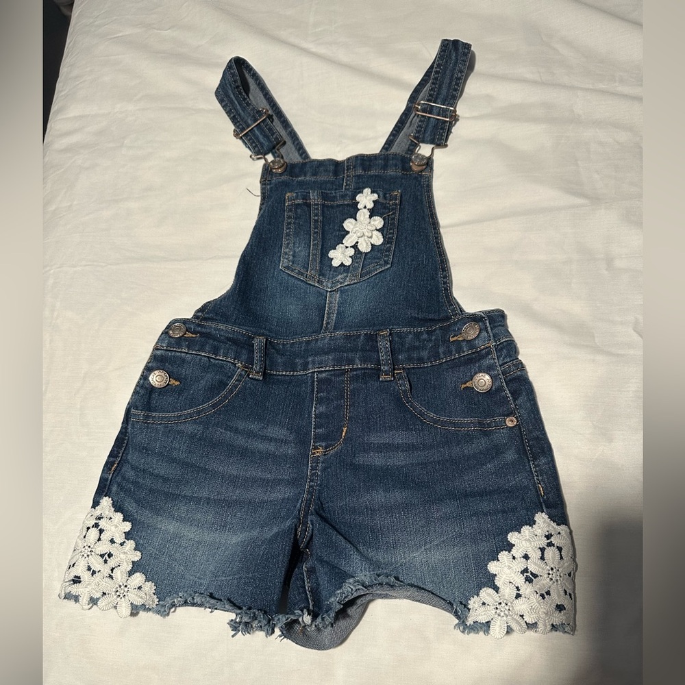 Jordache Blue Denim Kids Overalls with White Floral Details